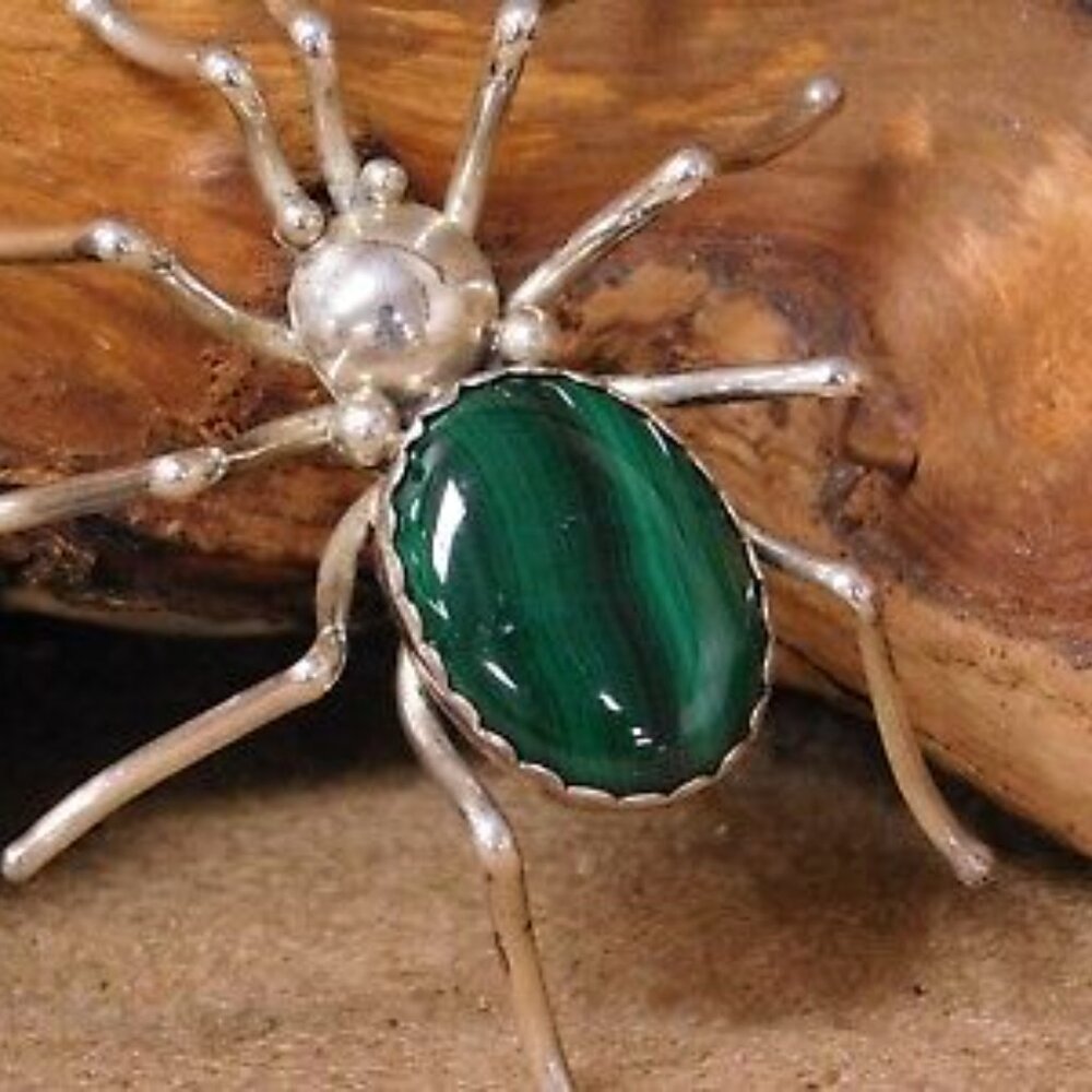 Large Estate Vintage E. Spencer Silver Malachite Protective Spider Brooch